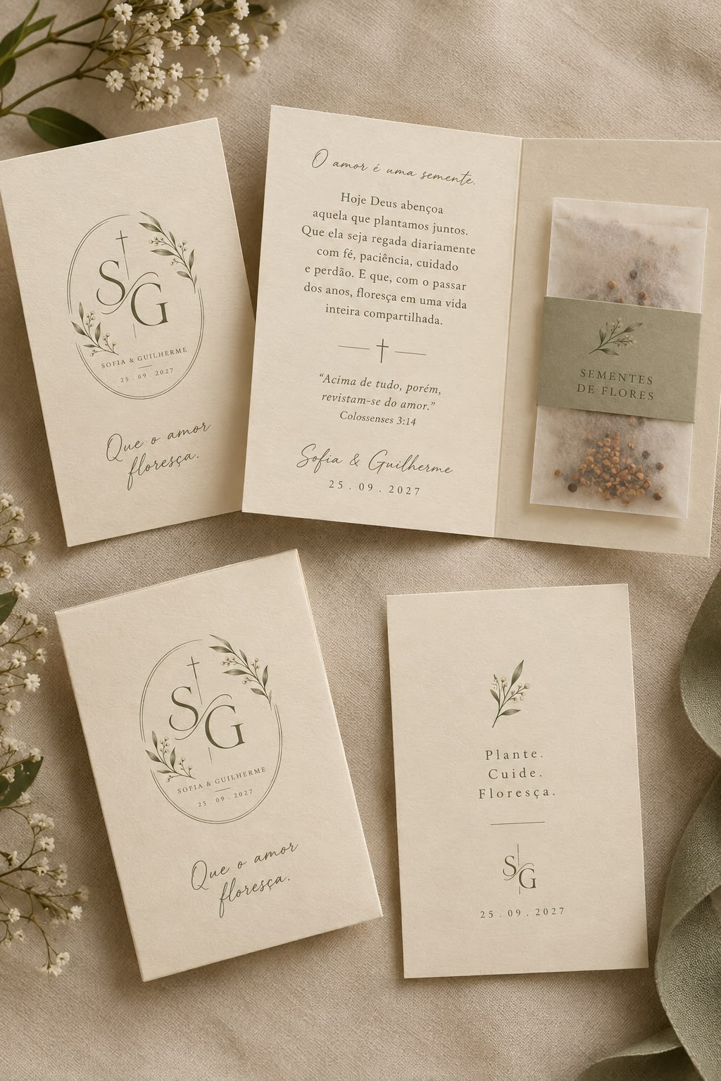 Nossa lembrancinha: sementes de flores e a mensagem Que o amor floresça